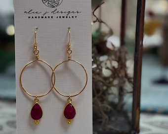 Wire hoops with ruby charm, minimalist, beachy, coastal, delicate, statement earring