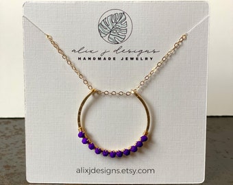 Purple beads, wire wrapped. hammered brass pendant necklace, minimalist, beachy, coastal, delicate, statement necklace