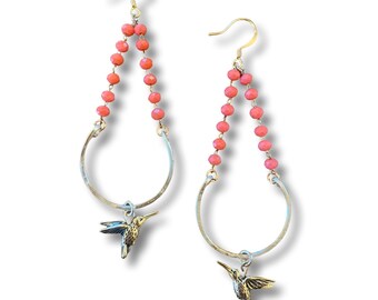 Handmade hammered metal drop earrings, hummingbird, peach, minimalist, beachy, coastal, tropical, statement earring