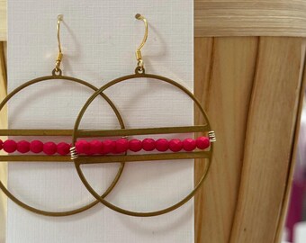 Red Beaded Hoop Earrings: Handmade Brass Wire Wrapped Statement Earring