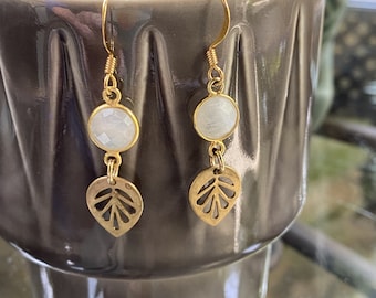 Brass leaf drop earring, rainbow moonstone, minimalist, beachy, coastal, delicate, statement earring