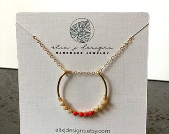 Peach Cream Beaded Necklace: Hammered Brass Pendant, Coastal Jewelry