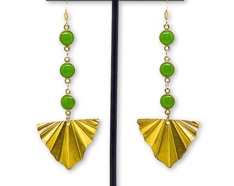 Minimalist art deco earrings, vintage green, drop earring, brass fan, statement earring