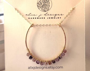 Amethyst Beaded Brass Pendant Necklace: Minimalist Coastal Jewelry