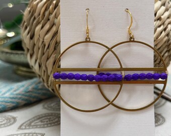 Purple Beaded Hoop Earrings: Handmade Brass Wire Wrapped Earrings