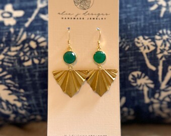 Minimalist art deco earrings, drop earring, brass fan, statement earring