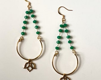 Handmade Lotus Blossom Drop Earrings: Teal Beaded Chain