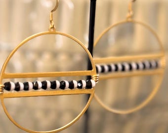 Handmade Black & White Beaded Brass Hoop Earrings