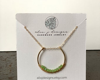 Seafoam Green Beaded Brass Pendant Necklace: Minimalist Coastal Jewelry