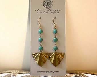 Minimalist art deco earrings, vintage beads, drop earring, brass fan, statement earring