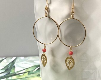 Wire hoops with brass leaf charm, minimalist, beachy, coastal, delicate, statement earring