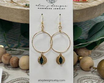 Wire hoops with green charm, minimalist, beachy, coastal, delicate, statement earring
