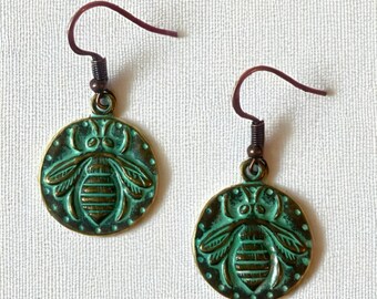 Green Bronze Bees, minimalist, beachy, coastal, delicate, statement earring