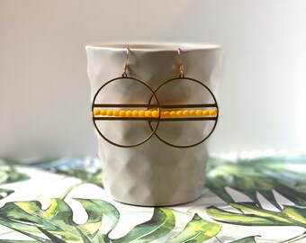 Handmade Sunflower Yellow Beaded Hoop Earrings: Brass Wire Wrapped