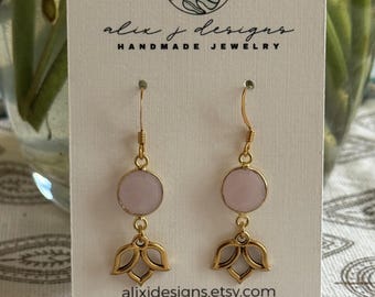 Pink chalcedony on a brass lotus floral charm, minimalist, beachy, coastal, delicate, statement earring