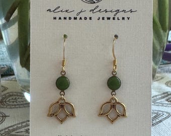 Brass lotus flower drop earring, vintage bead, minimalist, floral, coastal, delicate, statement earring
