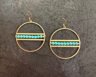 Matte Turquoise Beaded Hoop Earrings: Handmade Brass Wire Wrapped Statement Earring