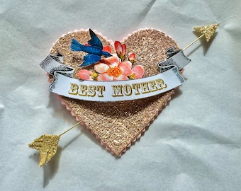Mother’s Day heart pin with sparrow and cherry blossom