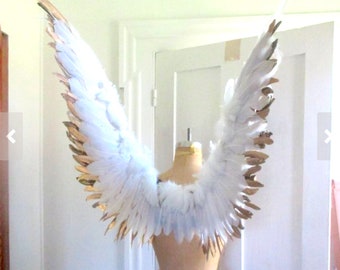 May include: White angel wings with gold tips, displayed on a mannequin.