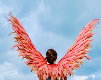 May include: A person wearing a pair of large, pink feathered wings. The wings are made of soft, delicate feathers and are attached to the person's back. The person is standing in front of a blue sky.