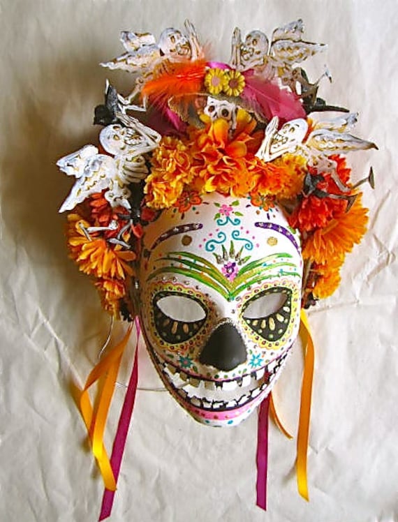 Día De Los Muertos/ Day of the Dead Hand Painted Mask and Headpiece 