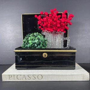 May include: A black box with gold trim, open to reveal a clear glass pitcher filled with red berries and a green plant. The box sits atop a book with the name "PICASSO" embossed on the cover.