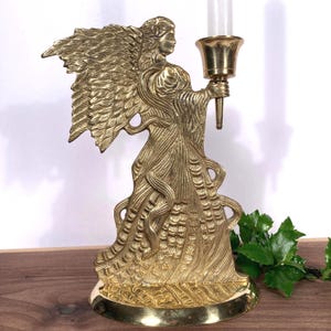 Vintage Brass Angel Candle Holder with Candle Cup, Heavy and Romantic - stands 8” Tall