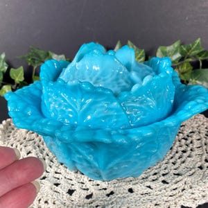 Vintage Blue Opaline Glass Cabbage shaped Covered Bowl by Portieux Vallérysthal, France, 1920s-1970s