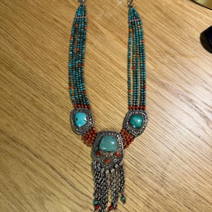 Multi-Strand Turquoise & Coral Tribal Necklace – Vintage Ladakhi Silver Pendant with Chain Tassels