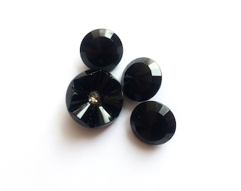 4 Black Glass & Rhinestone Antique Buttons, 13mm, 18mm