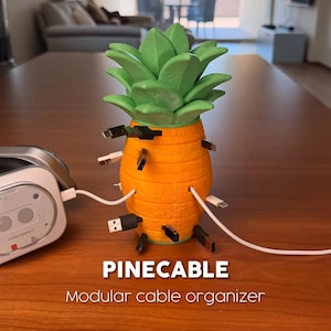 Pode incluir: Um organizador de cabos em forma de abacaxi nas cores laranja e verde com vários cabos USB inseridos nas laterais. O texto PINECABLE Modular cable organizer está impresso em branco na base do objeto, ao lado de um dispositivo eletrônico.