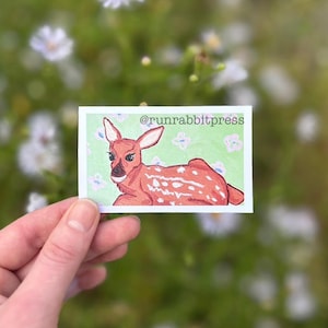 Adorable baby deer art print with green whimsical aesthetic
