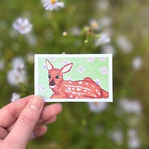 Adorable baby deer art print with green whimsical aesthetic
