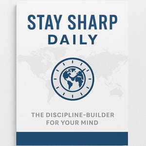 以下が含まれることがあります： 「STAY SHARP DAILY」と濃い青色で書かれた白いポスター。テキストの下には、世界地図が入った時計のグラフィックが中央に配置されています。「THE DISCIPLINE-BUILDER FOR YOUR MIND」というテキストが一番下にあります。