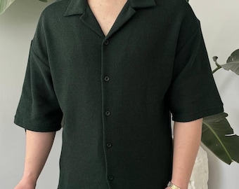 Cotton Knit Shirts Mens Knit Shirt Knit Top Minimalist Shirt Green Shirt Summer Shirt Men’s Fashion Knit Shirt Pattern Gift For Him
