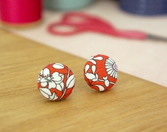 Orange Floral Fabric Button Earrings
