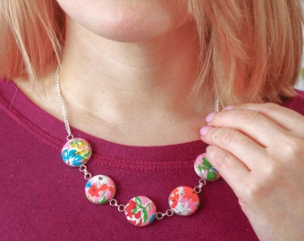 Pink and Red Floral Fabric Necklace