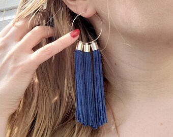 Blue Hoop and Tassel Earrings