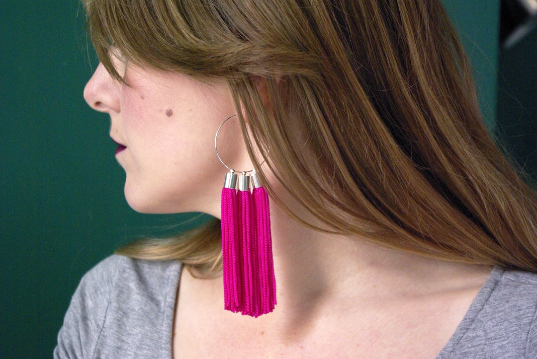 Hot Pink Tassel Hoop Earrings - Etsy