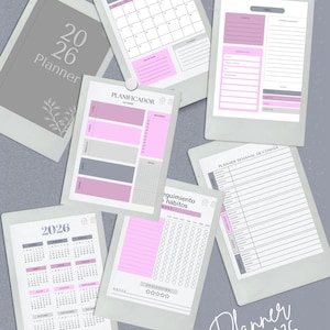 May include: A collection of 2026 planners with various layouts, including calendars, to-do lists, and habit trackers. The planners feature a color scheme of white, gray, and pink. The word "Planner" is visible on several pages.