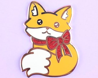 Fox enamel pin pastel glitter 3.5cm kawaii bow orange cute fancy lapel pin brooch badge flair collar pin hat pin nature animal