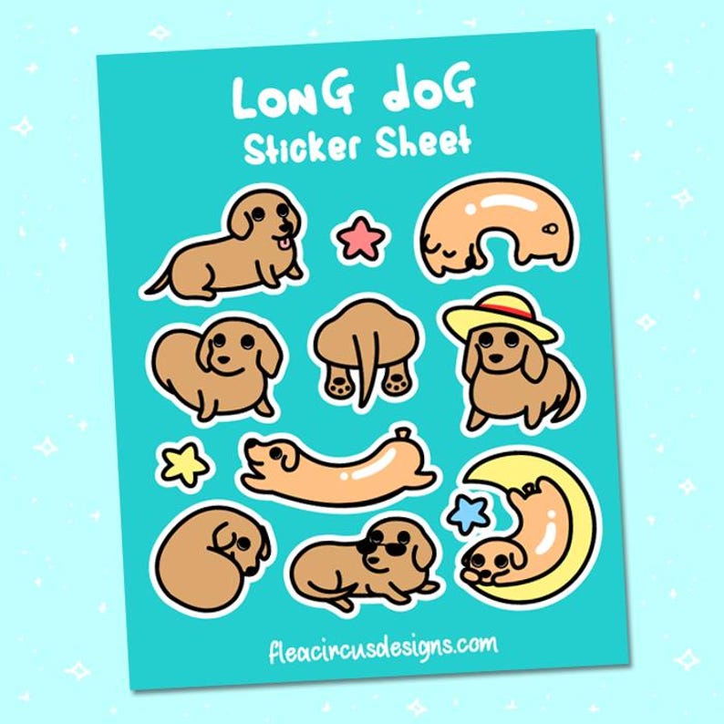 May include: A sticker sheet featuring a variety of cute dachshund dog illustrations in different poses. The sheet is on a turquoise background with the text "Long Dog Sticker Sheet" at the top.