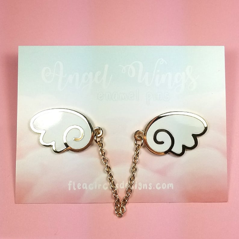 Angel wings enamel pins with chain white gold wing lapel pin Etsy