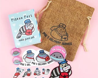 Poe Goodie bag with patch notepad button magnet and stickers pouch - pigeon dove poe egglesworth kawaii post office pigeons birds bird badge