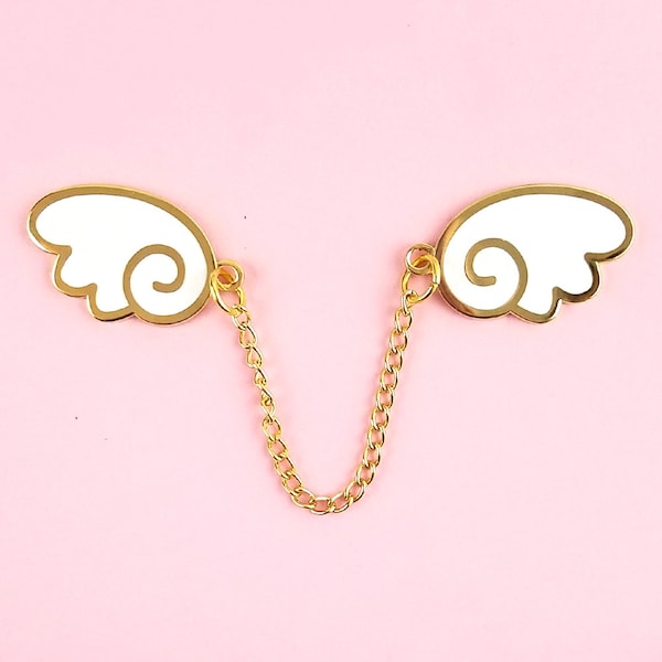 Angel wings enamel pins with chain - white gold wing lapel pin brooch badge flair collar pin hat pin kawaii anime manga japanese fashion