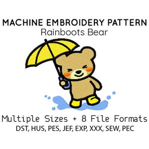 Rainboots bear EMBROIDERY MACHINE FILES pattern design hus jef pes dst all formats spring holiday animal Instant Download digital cute