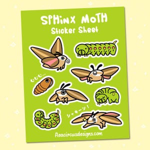 May include: A green sticker sheet featuring cartoon illustrations of Sphinx moths and caterpillars. The sheet includes the text "SPHINX MOTH Sticker Sheet" in white, along with the website address "fleacircusdesigns.com". The moths and caterpillars are in various poses and colors.
