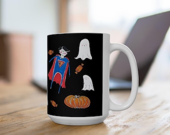 Halloween Mug, Ghosts, Witch, Superman Art, 15oz Coffee Cup