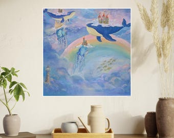 Whimsical Nursery Art Print: Flying Whales, Rainbow, Fantasy Decor