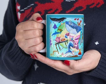 Taza de tiburón caprichosa: Taza de cerámica con arte animal, temática oceánica